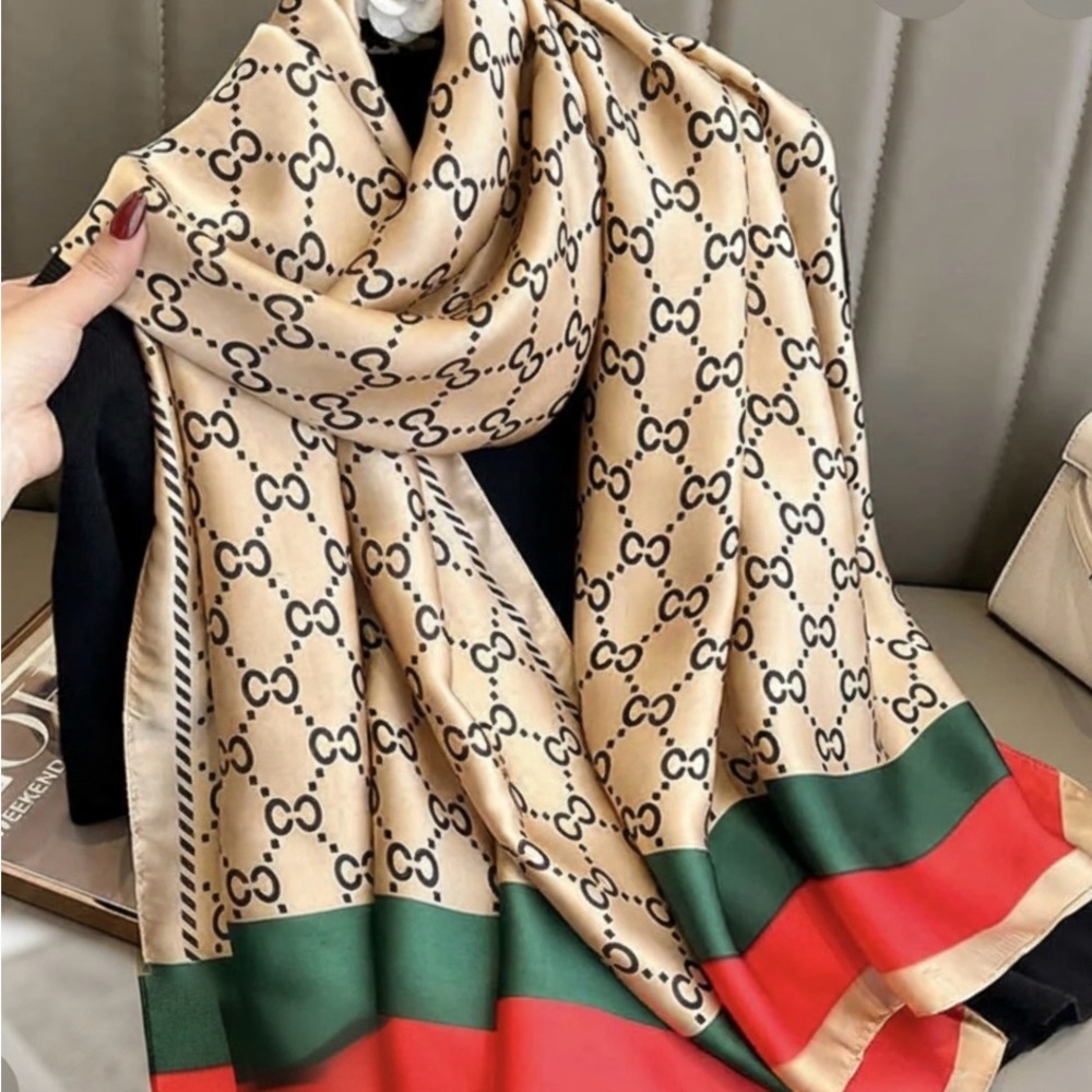 Curated Luxury Tan Scarf with Black Pattern and Red-Green Borders